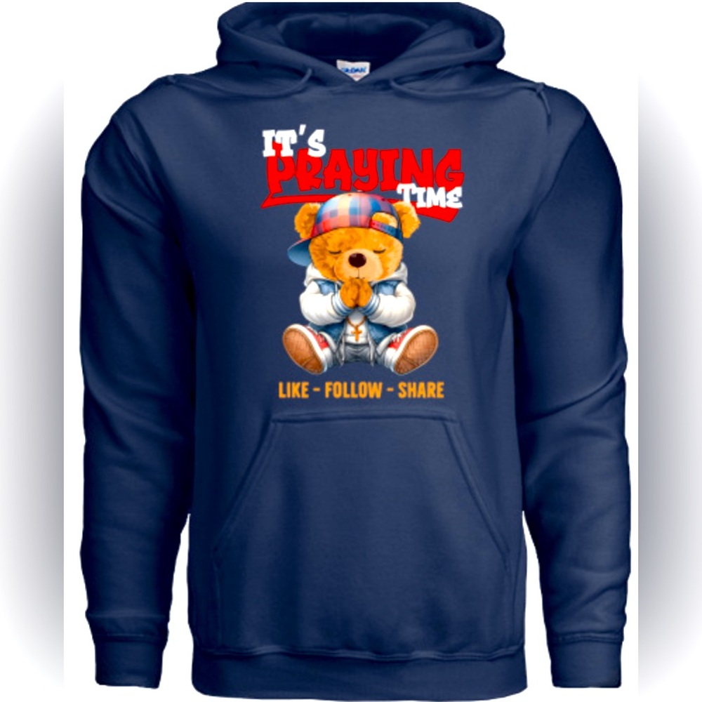 Gildan Navy Hoodie with Praying Bear Graphic